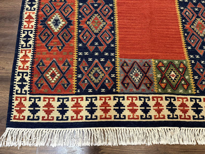 Turkish Kilim Rug 5x8 Handmade Flatweave Bohemian Carpet Terracotta Navy