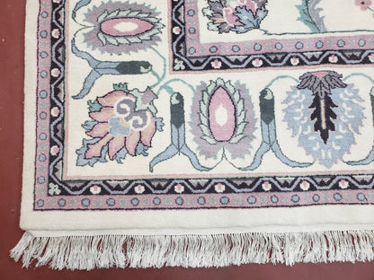 Ivory & Teal Indo Persian Area Rug 9x12, Wool Hand-Knotted Oriental Carpet, 9 x 12 Soft Traditional Living Room Rug, Dining Room Rug