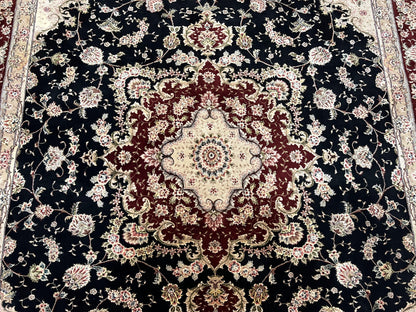 Pak Persian Rug 8.8 x 10.6, Floral Medallion, Wool and Silk Hand Knotted Fine Oriental Carpet, Elegant Rug, Black Gray Burgundy, Room Sized