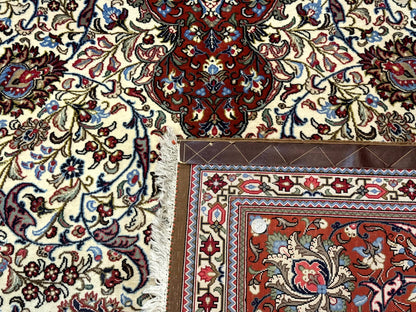Persian Qum Rug 7x11 Beige Red Floral Medallion 260 KPSI Hand Knotted