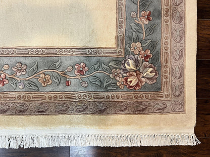 Chinese Wool Rug 8x10 Handknotted 120 Line Cream Aubusson Art Deco Oriental Rug
