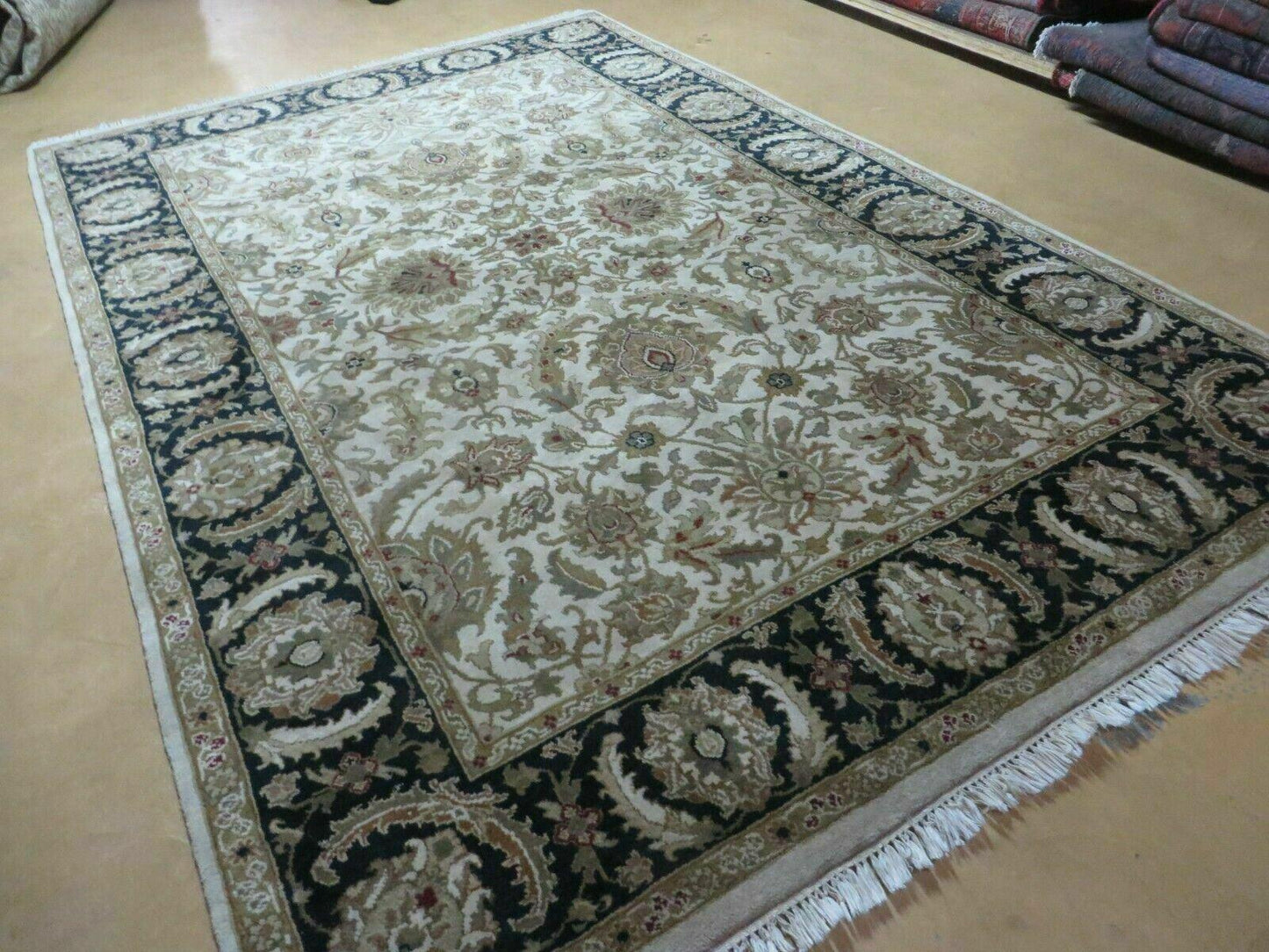 Vintage Handmade Rug Jaipur India Floral Oriental Design Tea Wash 6x9 Feet Hand Tufted