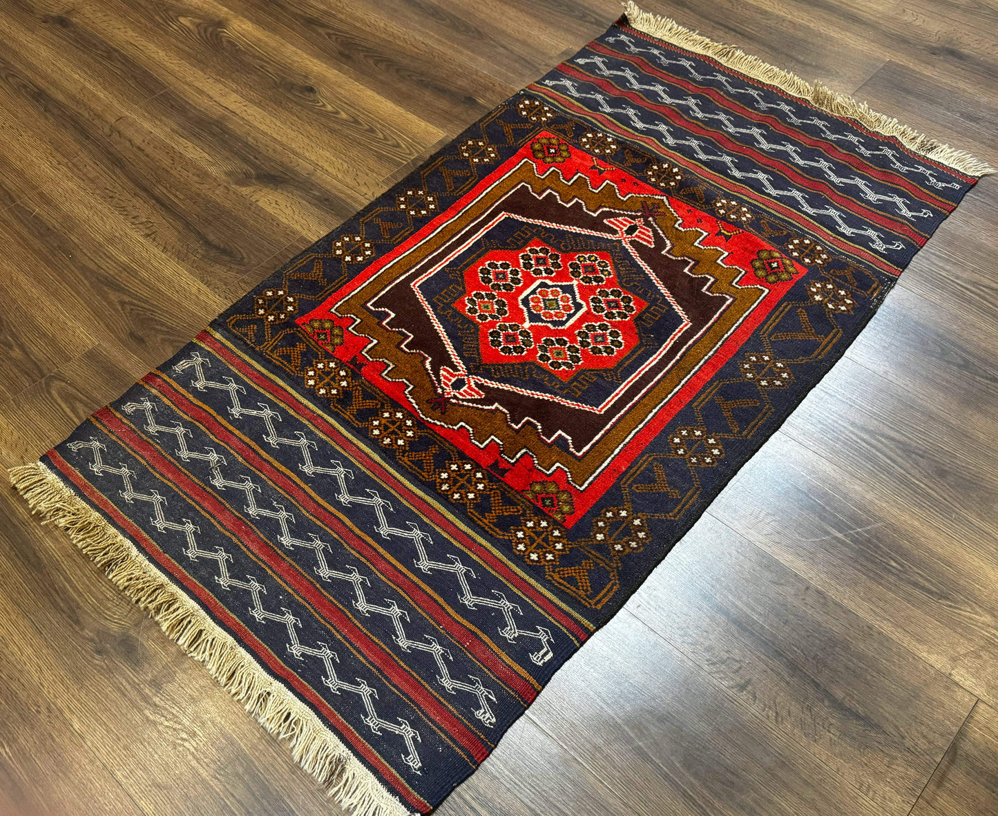 Handmade Afghan Rug 3x5 Tribal Geometric Navy Blue Wool Rustic Living Room Accent