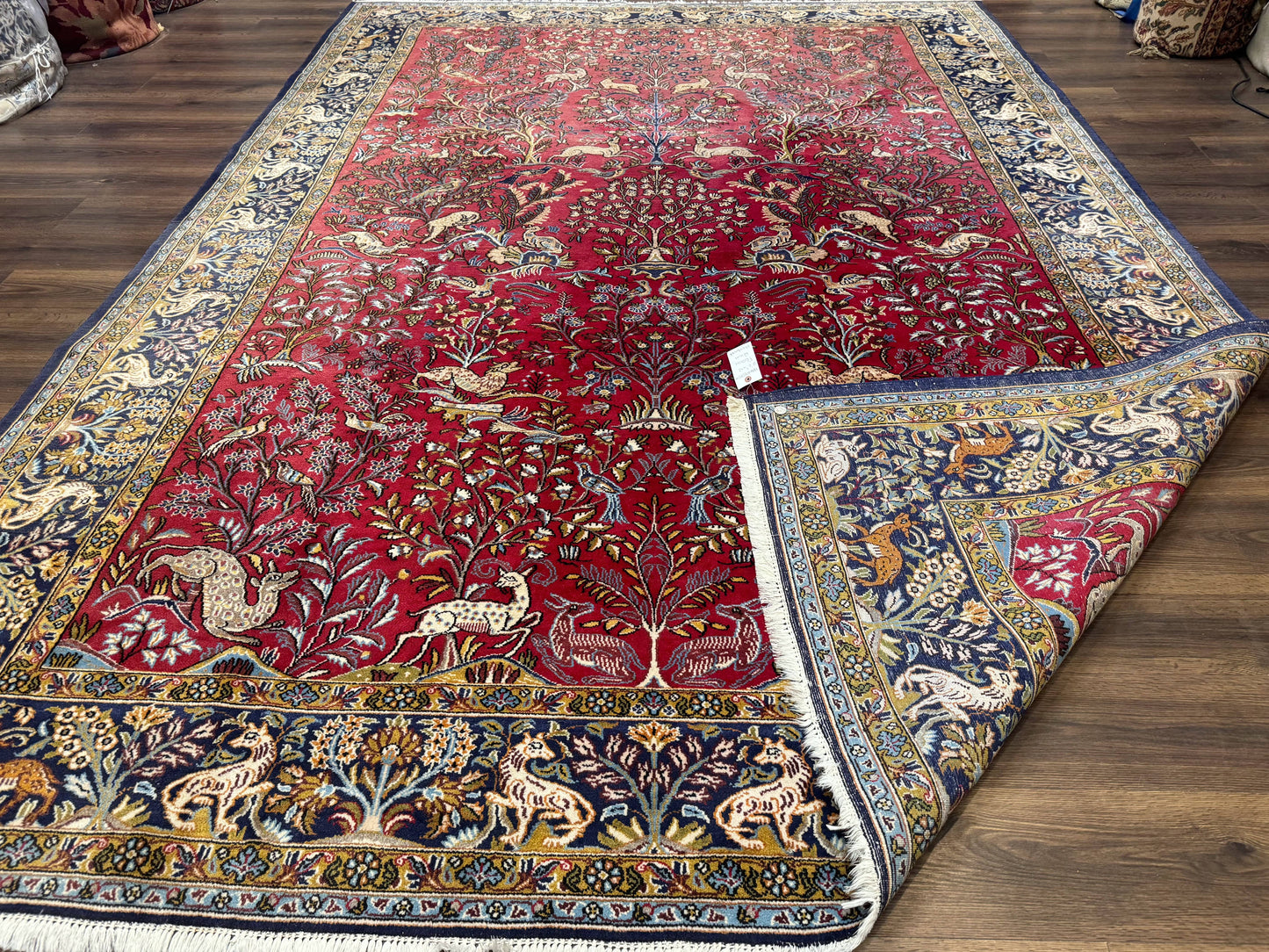 Persian Qum Rug 9x12 Tree of Life Pictorial With Deer Birds Floral In Red And Navy