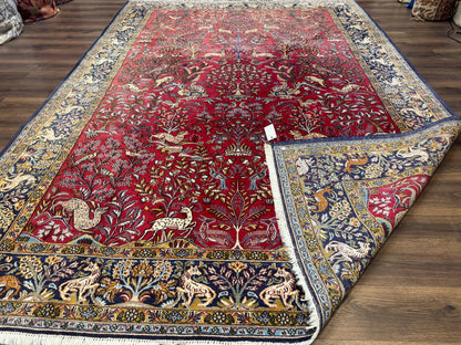 Persian Qum Rug 9x12 Tree of Life Pictorial With Deer Birds Floral In Red And Navy