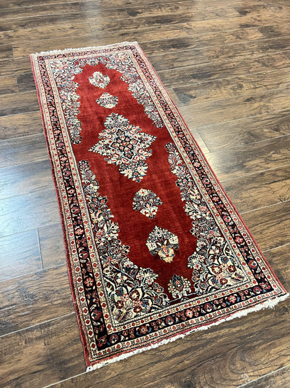 Persian Sarouk Runner Rug 2.7 x 6, Semi Open Field, Red, Handmade Hand Knotted, Wool Oriental Carpet, Vintage Semi Antique