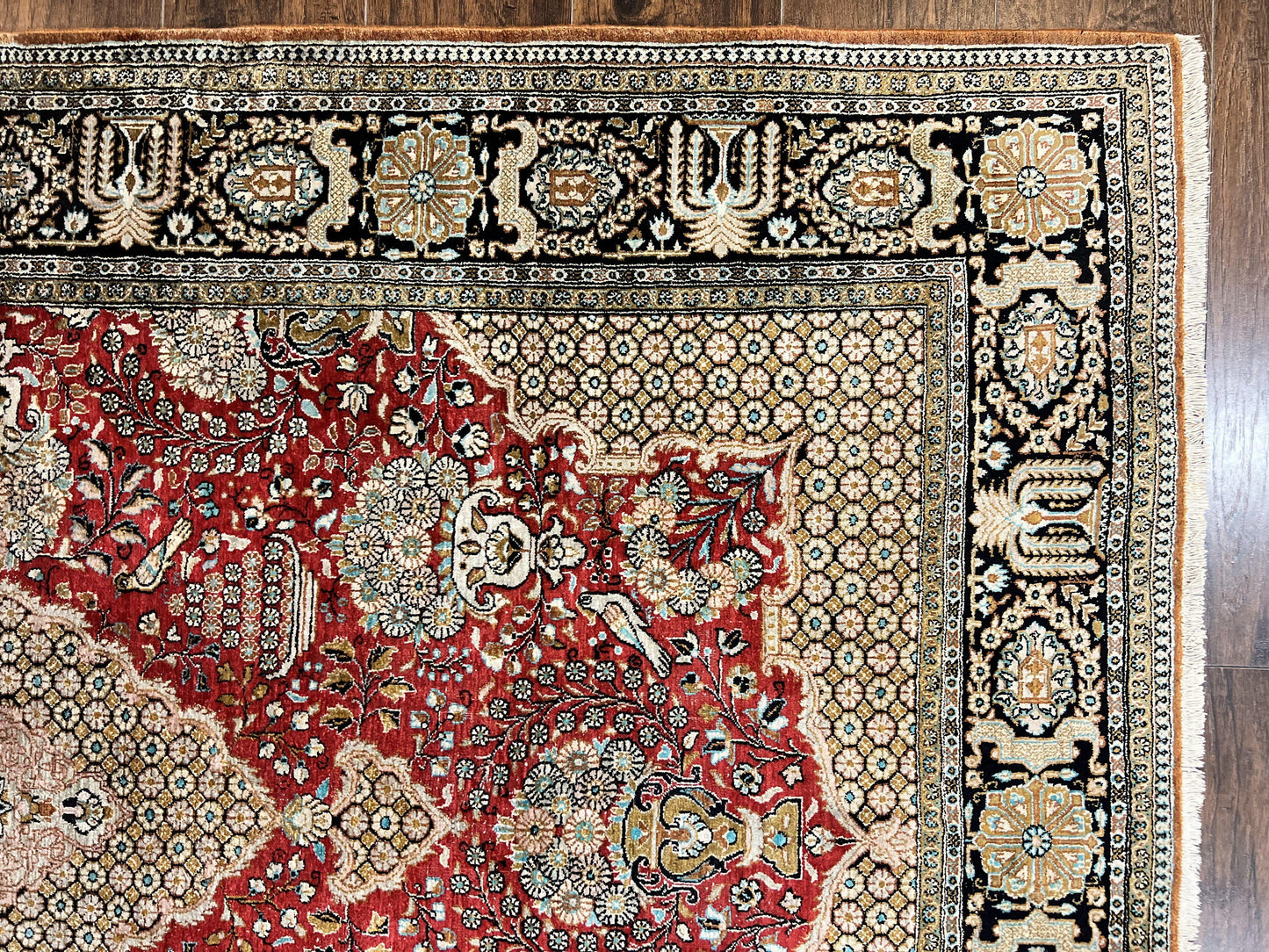 Persian Silk Rug 5x7 Hand Knotted Vintage Qum Carpet With Birds Floral Vases Red