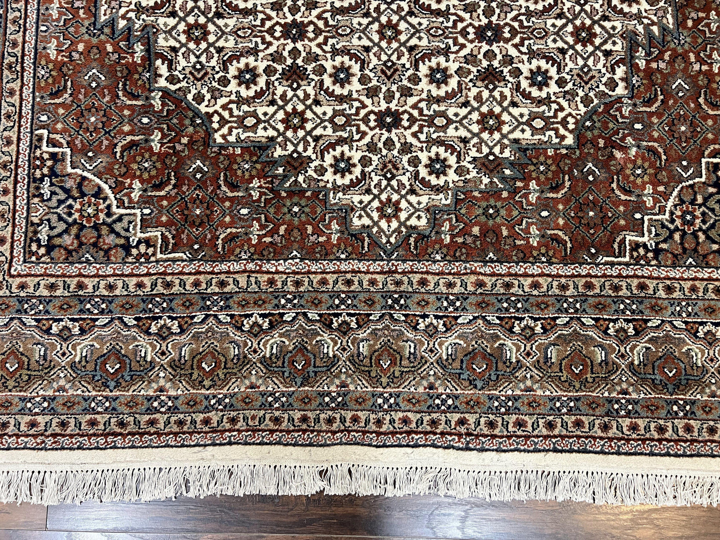 Indo Persian Rug 7x10 ft, Hand Knotted Wool Vintage Oriental Carpet 7 x 10, Traditional Handmade Herati Bidjar Cream Rug, Medallion Rug