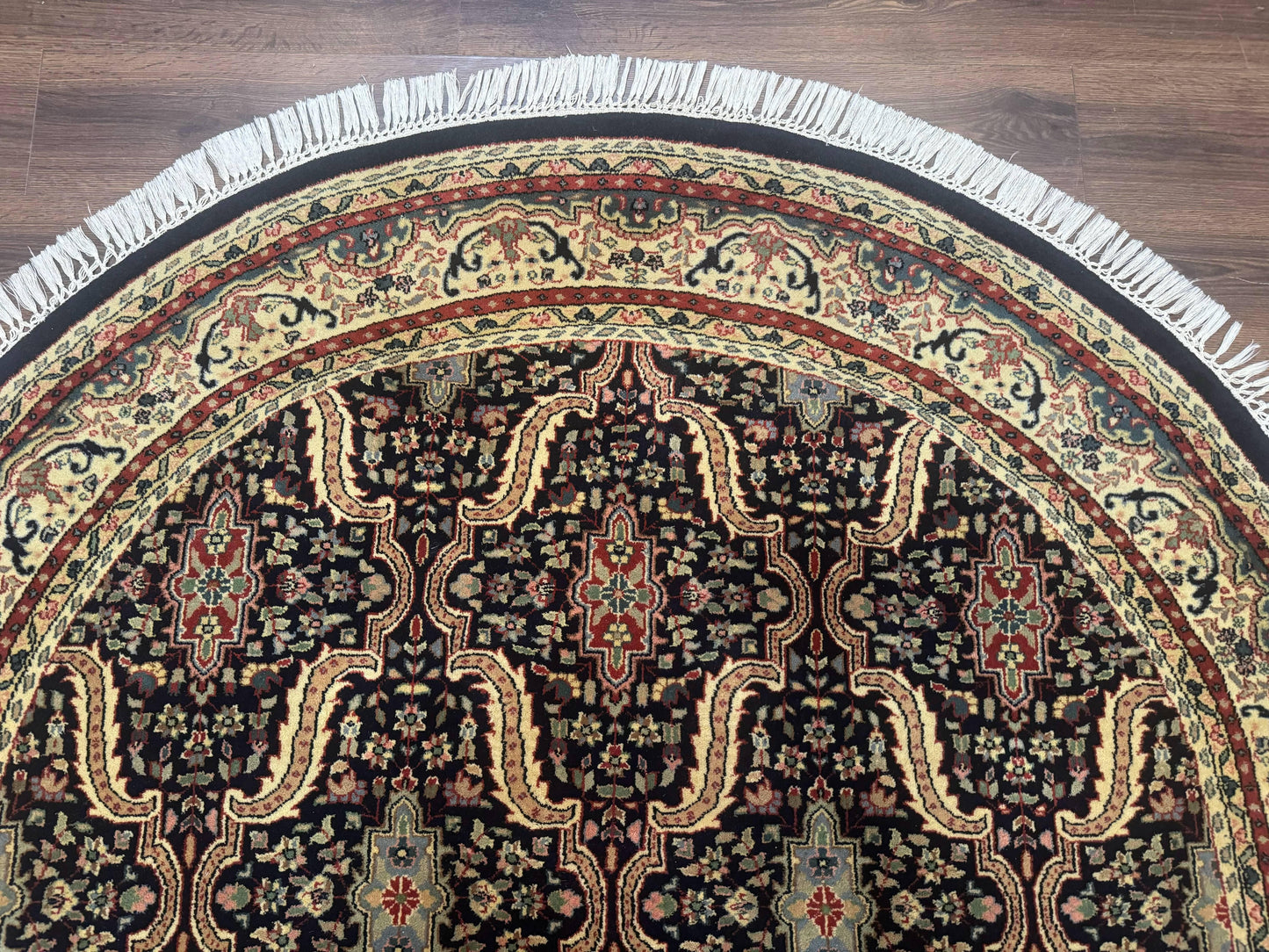 Indo Persian Bidjar Rug Round 6x6 Wool Hand Knotted Navy Blue Beige