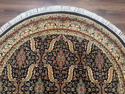 Indo Persian Bidjar Rug Round 6x6 Wool Hand Knotted Navy Blue Beige