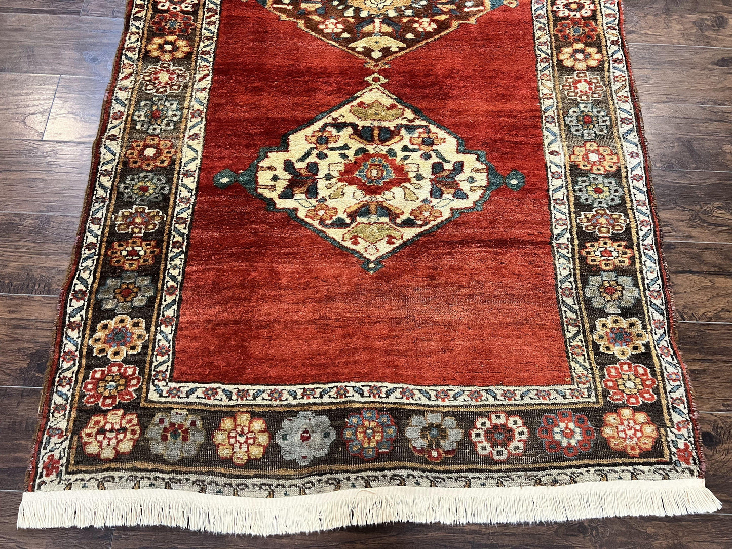 Antique Persian Bidjar Rug 4x8 Hand Knotted Wool Carpet With Triple Medallions 1920s Red