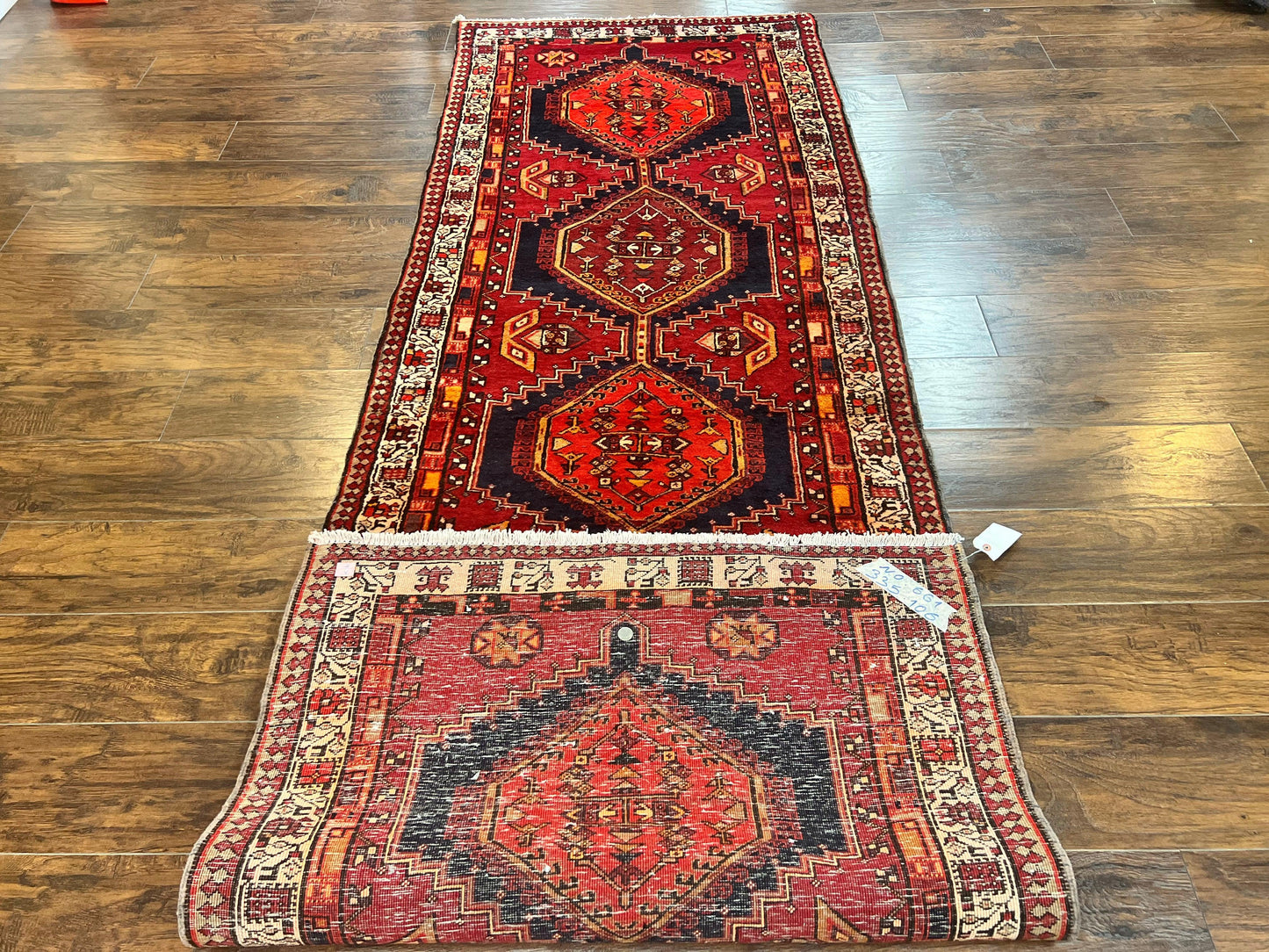 Persian Heriz Runner Rug 3.7 x 11, Persian Tribal Runner, Handmade Wool, Medallions, Geometric, Red, Antique Vintage Hand Knotted Rug