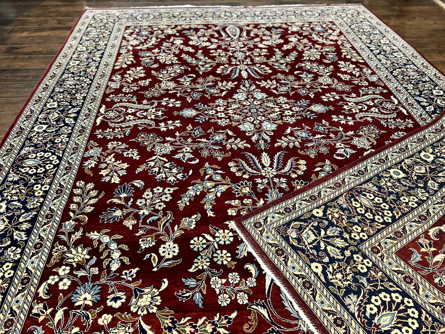 Indo Persian Sarouk Rug 9x12, Floral Allover, Dark Red & Navy Blue, Handmade Vintage Wool Carpet