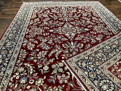 Indo Persian Sarouk Rug 9x12, Floral Allover, Dark Red & Navy Blue, Handmade Vintage Wool Carpet