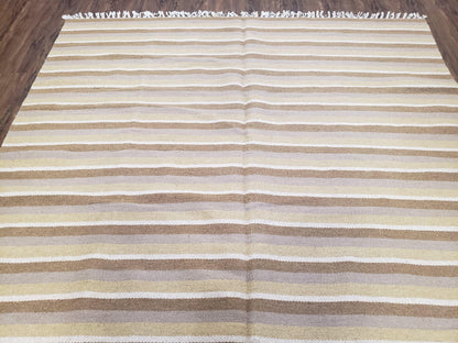 New Indian Striped Blanket, Multicolor Earthern Tones Kilim Rug, Wool Handmade South American Style Blanket, Queen Sized Bedspread 5x8 - 6x8