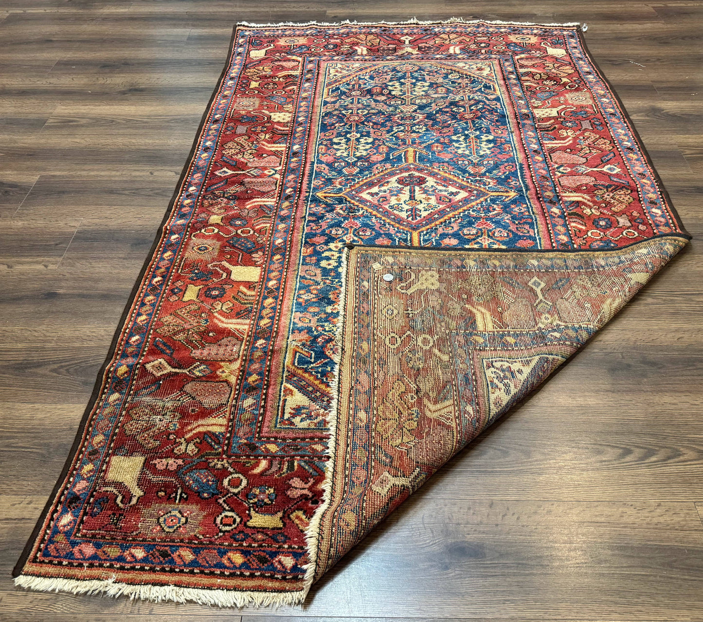 Antique Persian Rug 4x7, Blue and Red Malayer Carpet, Rare