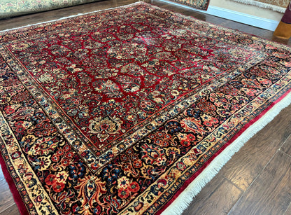 Antique Persian Sarouk Rug 10x10 Square Red Floral Lattice With Navy Border