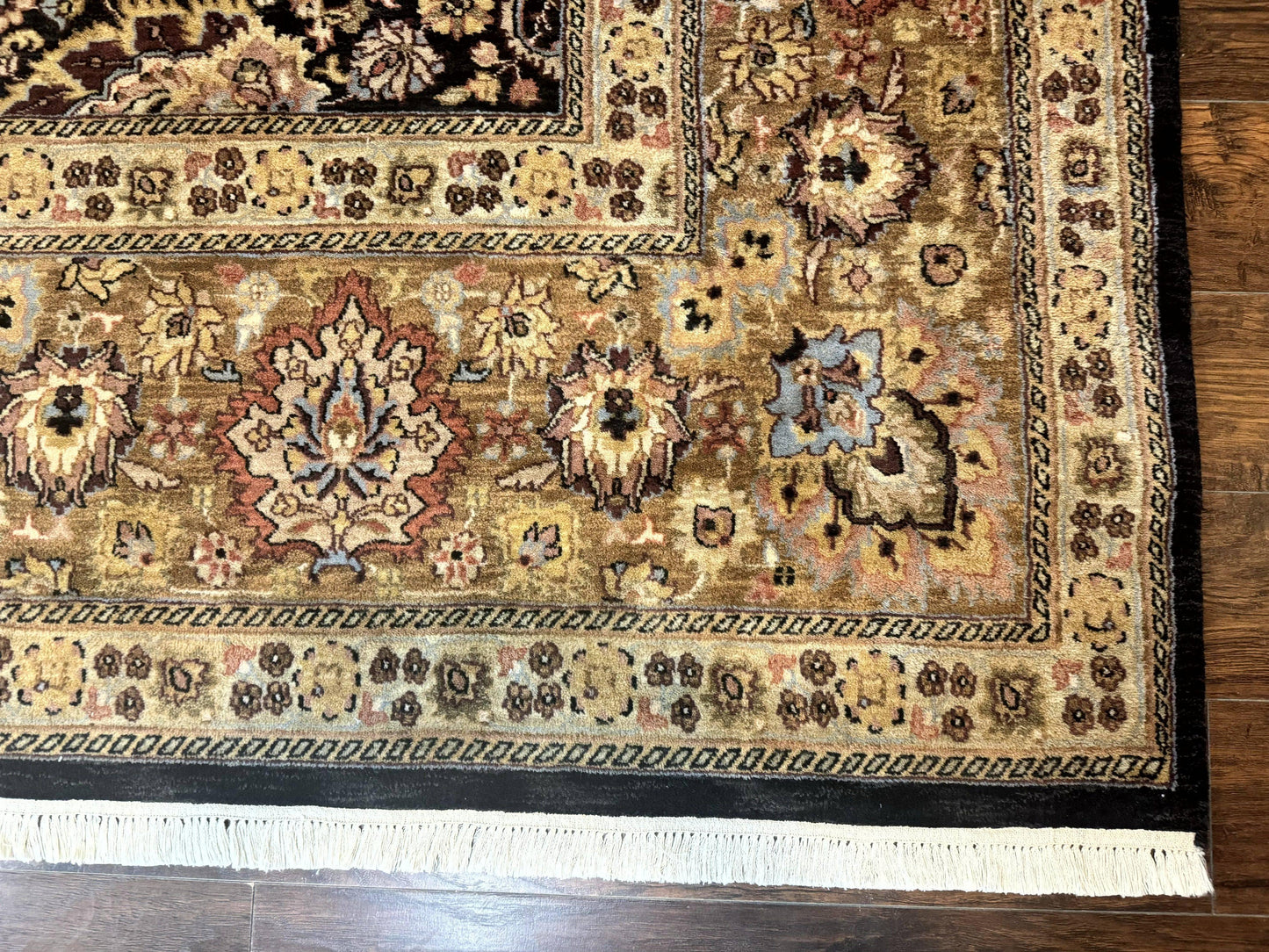 Indo Persian Rug 9x12, Floral Allover, Midnight Blue, Handmade Vintage Wool Oriental Carpet