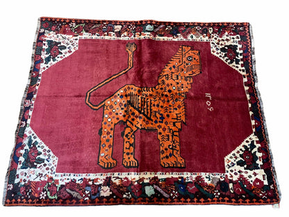 Handmade Wool Rug 5x6 Zagros Lion Leopard Tribal With Organic Dyes