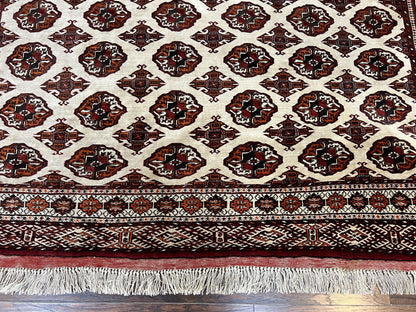 Persian Turkoman Rug Yamud 7x8 Hand Knotted Cream Red Bohemian Tribal Carpet