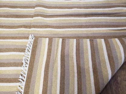 Indian Striped Blanket 6x9, Large Indo Kilim Area Rug, Earthern Tones Woolen Hand-Woven Flatweave South American Style Queen Size Bedspread