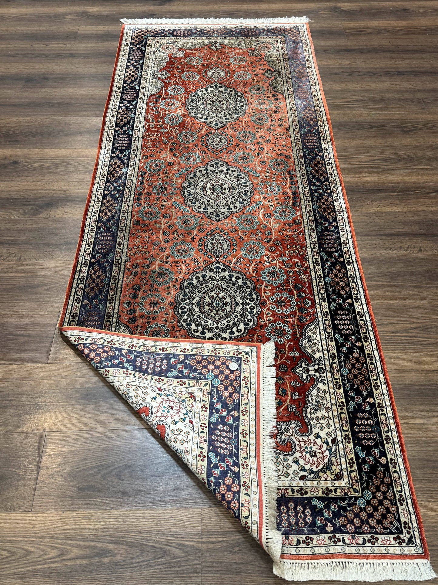 Turkish Silk Runner Rug 3x8, Short Runner Rug, Red, Floral Medallions, Very Fine 360 KPSI, 3 x 8 Runner