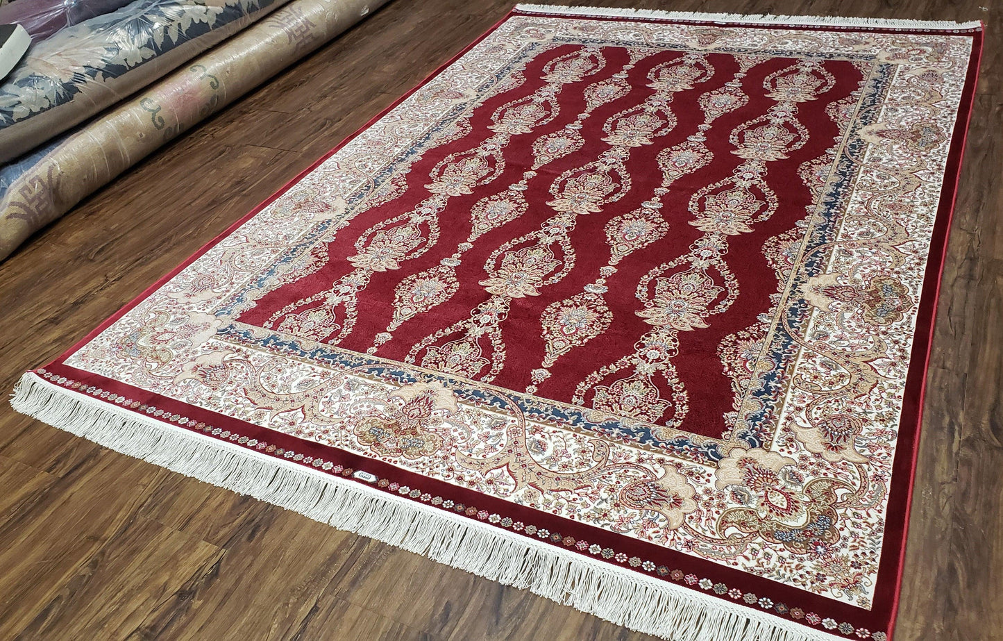 Dark Red Silk Carpet 5.3 x 7.6 ft, 5x8 Silk Rug, New Turkish Silk Carpet, Mint Condition, Beige & Red Area Rug, Bamboo Silk, High Quality