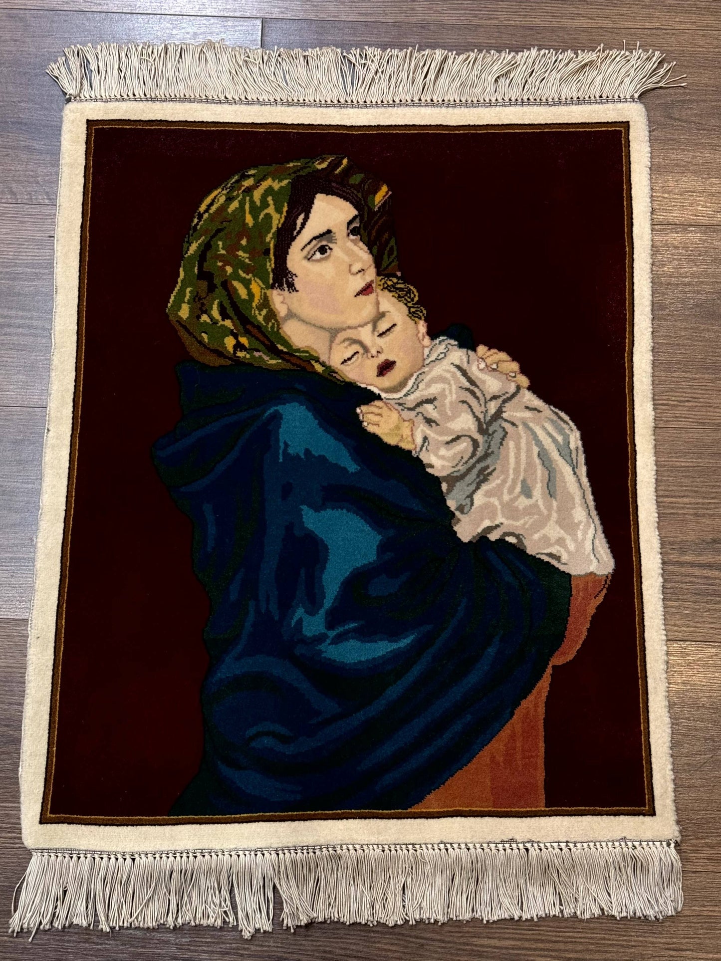 Small Persian Tabriz Pictorial Rug 2x2, Mother Holding Child, Very Fine 340 KPSI, Maroon