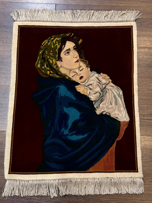 Small Persian Tabriz Pictorial Rug 2x2, Mother Holding Child, Very Fine 340 KPSI, Maroon