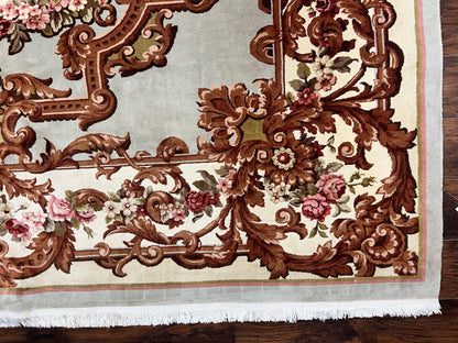 Aubusson Rug 10x13, Cream and Light Mint Green Hand Knotted Handmade French Savonnerie European Carpet, Wool Pile, Large Room Sized Vintage