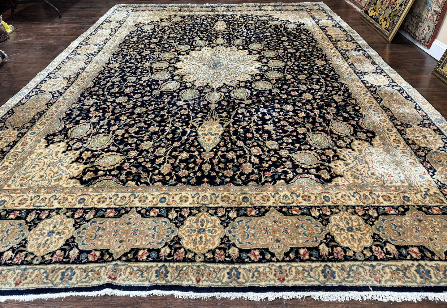 Persian Kerman Rug 10x14 Navy Blue Beige Floral Medallion Traditional Carpet Signed by Masterweaver
