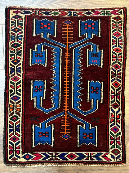 Persian Baluchi Rug Small Geometric Burgundy And Blue Design