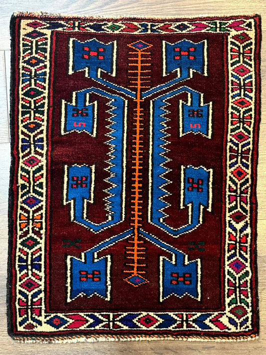 Persian Baluchi Rug Small Geometric Burgundy And Blue Design