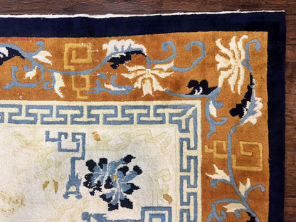 Indo Chinese Rug 9x12, Asian Oriental Carpet 9 x 12, Cream & Burnt Orange, Handmade Wool Vintage Art Deco Rug