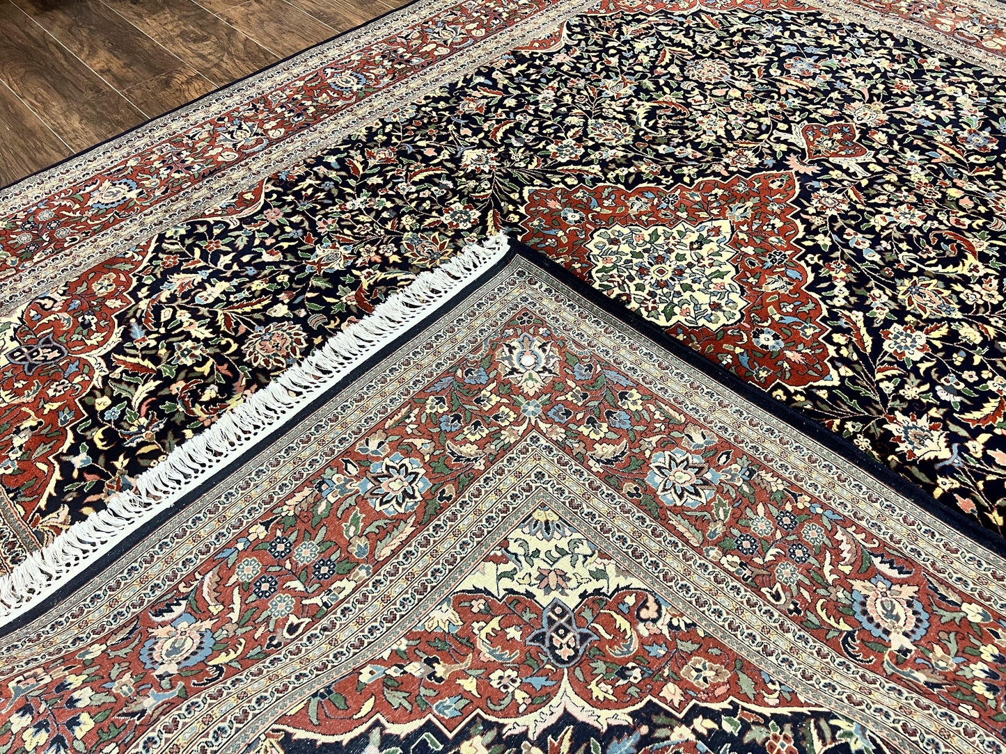Indo Persian Rug 8x10 Floral Medallion Vintage Handmade Wool Carpet Navy Blue Red 300 KPSI