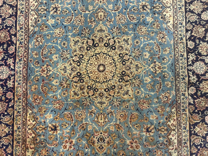 Light Blue Persian Isfahan Rug 5x8, Floral Medallion, Wool on Silk Foundation, Very Fine 530 KPSI, Handmade Carpet
