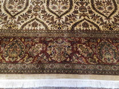 Vintage Indo Persian Area Rug 9x12, Wool Hand-Knotted Ivory & Dark Red Oriental Carpet, Fine Weave 9 x 12 Indian Rug, Dining Room Rug