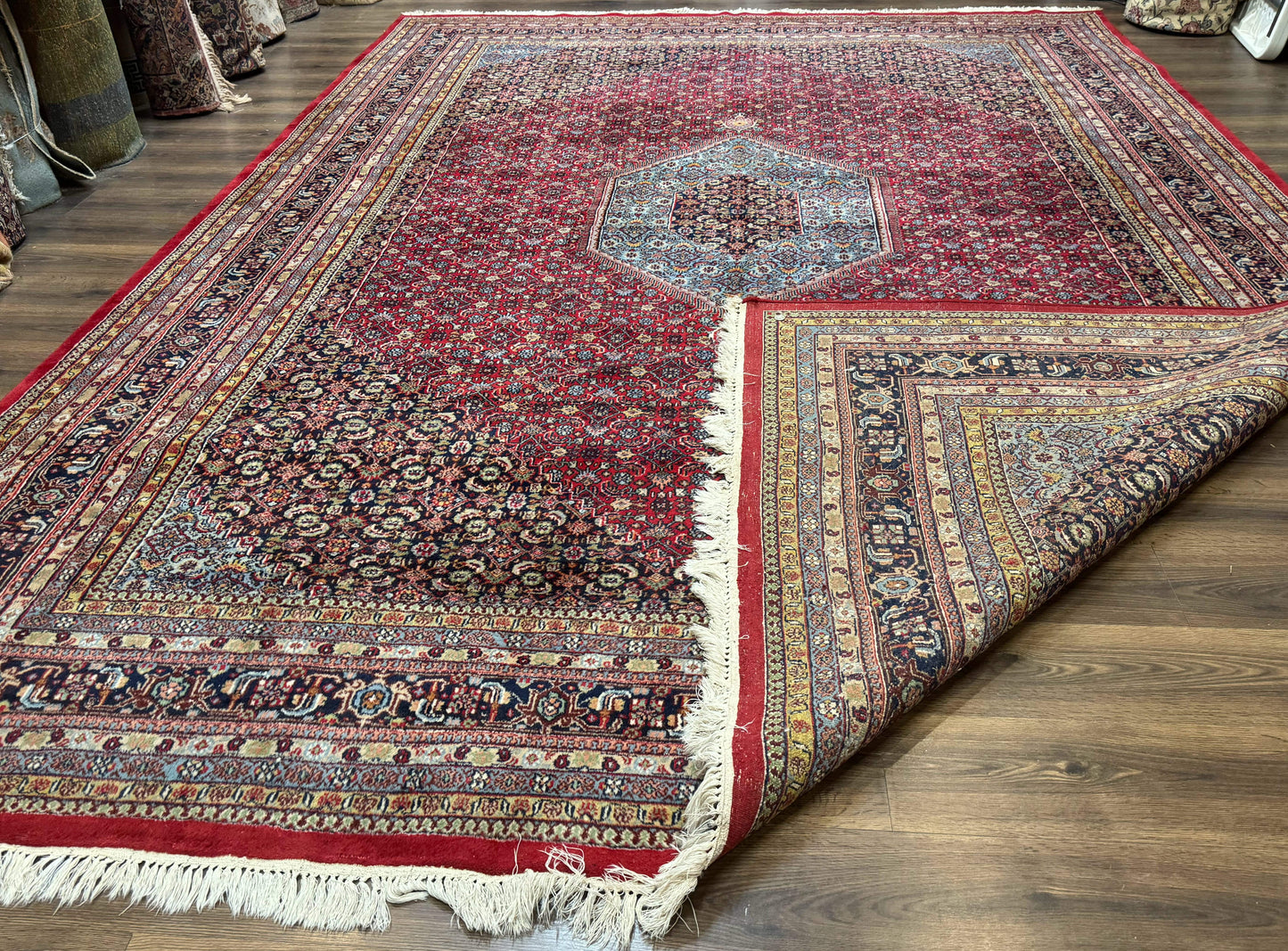 Indo Persian Bidjar Rug 10x14 Red And Dark Blue Herati Mahi Pattern Vintage