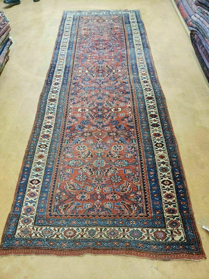 3' 8" X 11' Antique Handmade Turkish Wool Rug Veg Dye Runner Nice Rusted Red