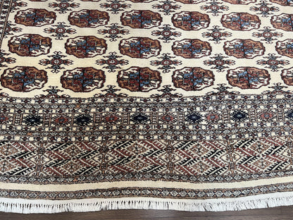 Pakistani Bokhara Rug 8x10, Traditional Turkoman Tribal Carpet, Allover Repeated Elephant Foot Motif, Ivory/Cream Black Red, Vintage Handmade