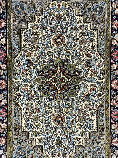 Persian Qum Rug 3x5, Wool with Silk Highlights, Handmade Semi Antique Carpet, Ivory & Navy Blue, Floral Medallion, Finely Hand Knotted