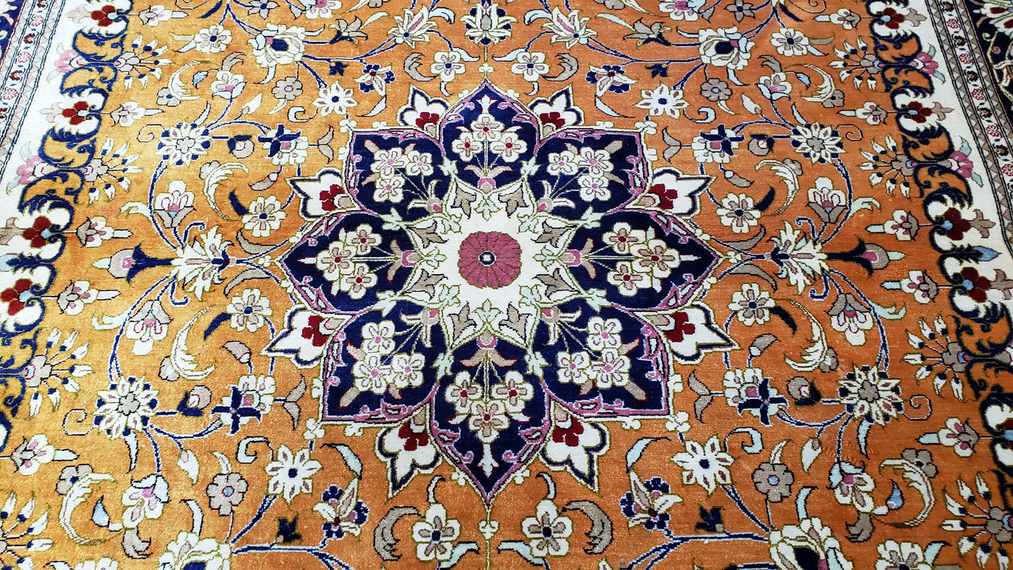 Vintage Persian Qum Silk Rug 4.6x6.7 Burnt Orange Navy Blue Antique Oriental Signature Master Weaver 350 KPSI