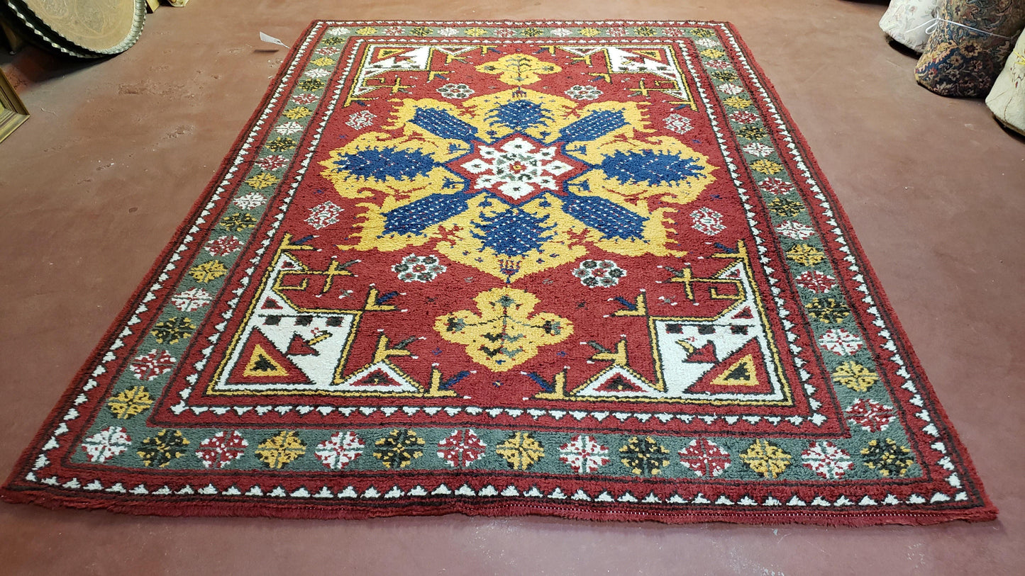 Moroccan Heriz Rug 6x9 Large Central Medallion Red Yellow Blue Colorful Wool Area Rug