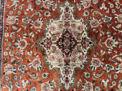Persian Qum Silk Rug 5x7 Floral Medallion Birds Orange Red Hand Knotted