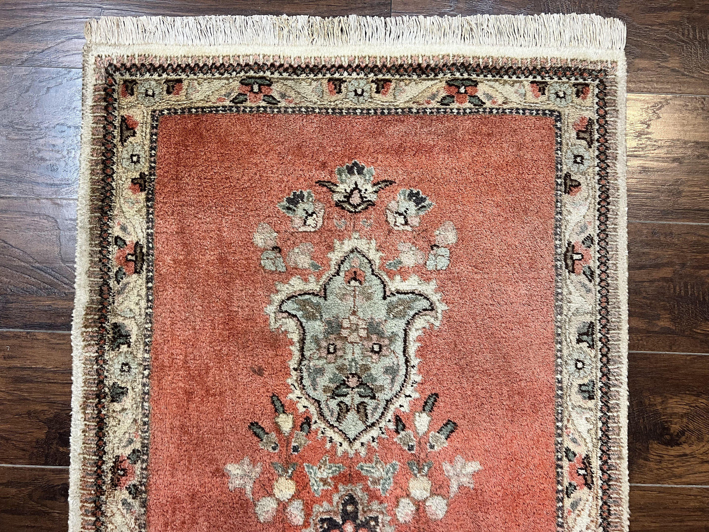 Persian Tabriz Runner Rug 3 x 12, Vintage Hand Knotted Wool Oriental Hallway Carpet, Light Red Beige Tan, Fine Weave, Semi Open Field, Traditional
