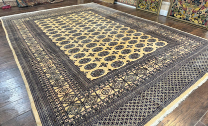 Pakistani Bokhara Turkoman Rug 9x11, Cream, Handmade Wool Vintage Carpet