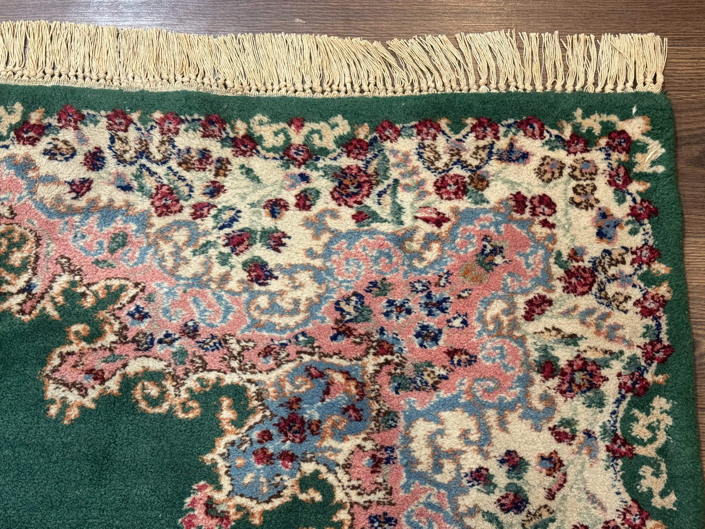 Persian Kerman Rug 4x6 Vintage Wool Green Ivory Pink Medallion Semi Open Field