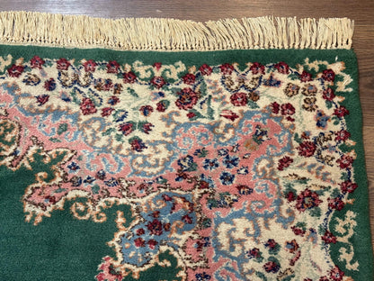 Persian Kerman Rug 4x6 Vintage Wool Green Ivory Pink Medallion Semi Open Field