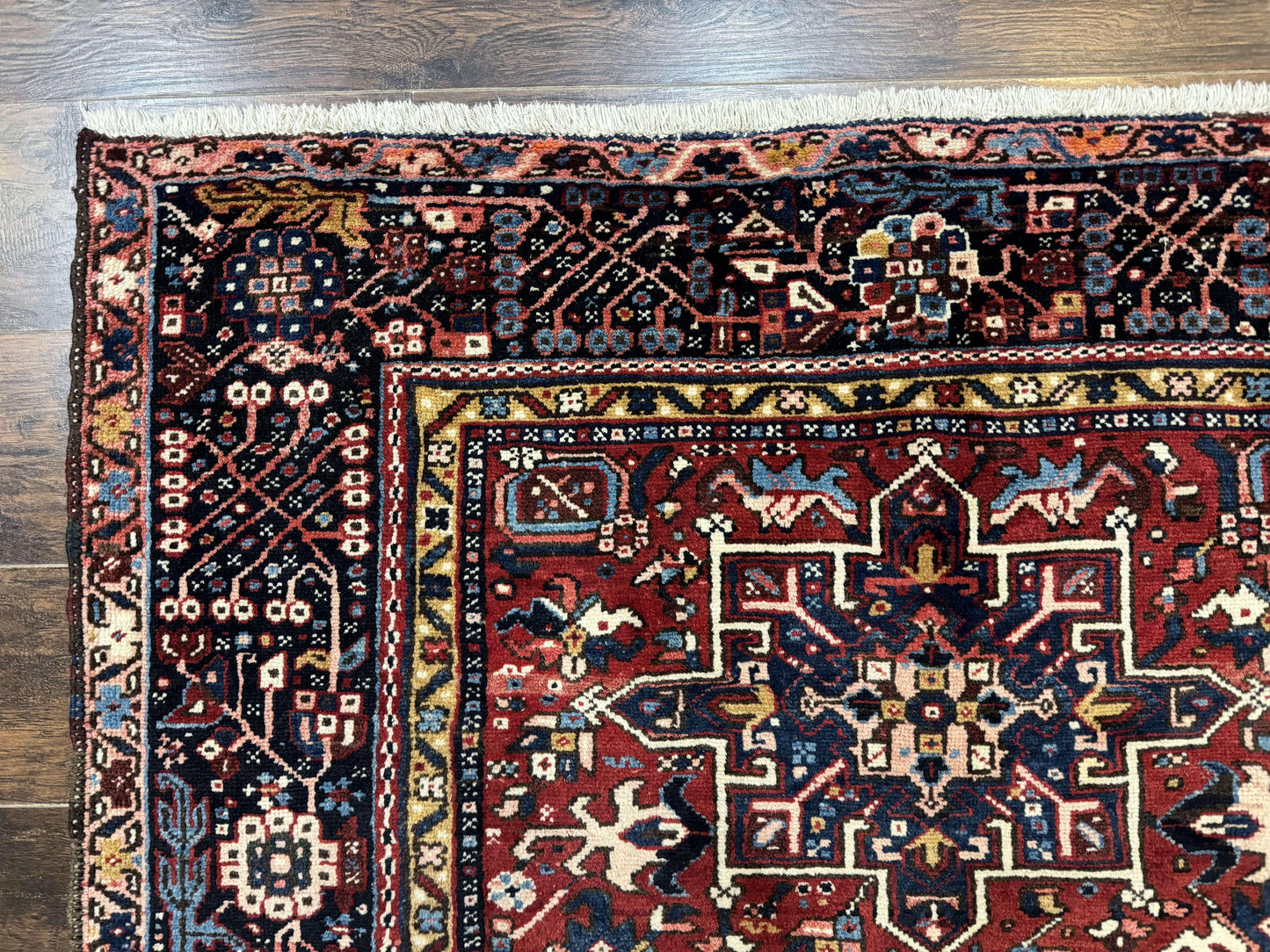 Persian Karajeh Rug 5x6, Antique Heriz Carpet, Geometric, Persian Tribal Rug, Brick Red Navy Blue