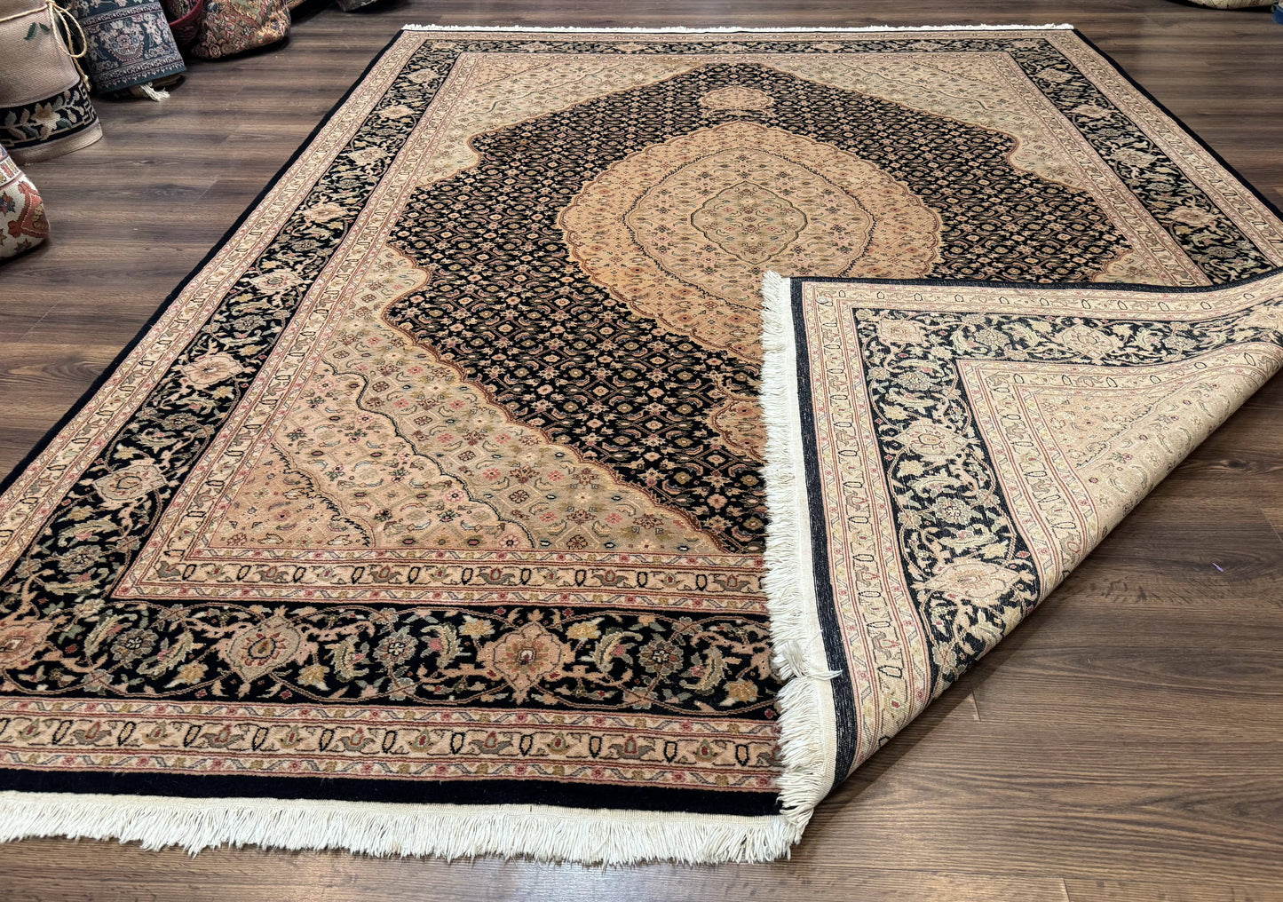 Sino Persian Rug 8x10, Herati Mahi Pattern, Fine 170 KPSI, Black, Wool and Silk Highlights